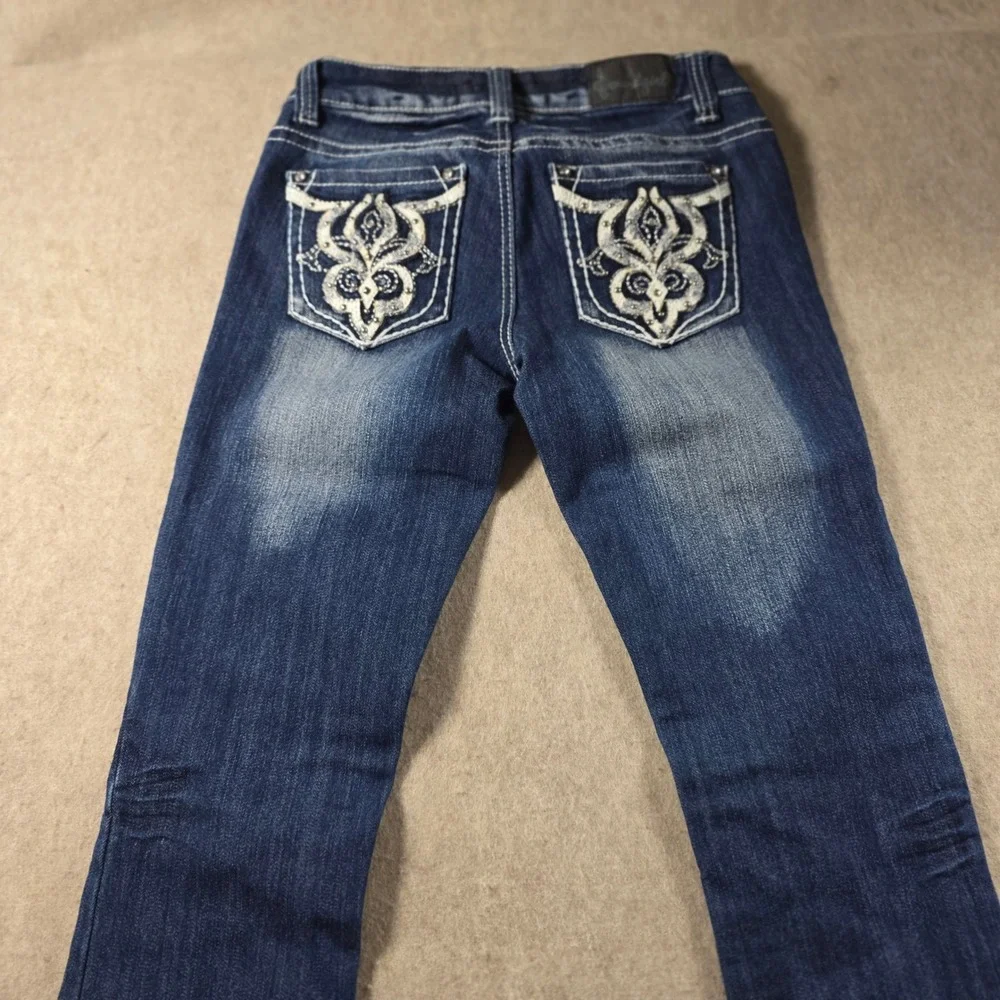 Soundgirl Womens Bootcut Jeans Dark Wash Embroidered Studded Pockets Size 7 Y2K
